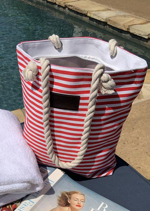 

Striped Zipper Hemp Rope Canvas Handbag, Red, 501259