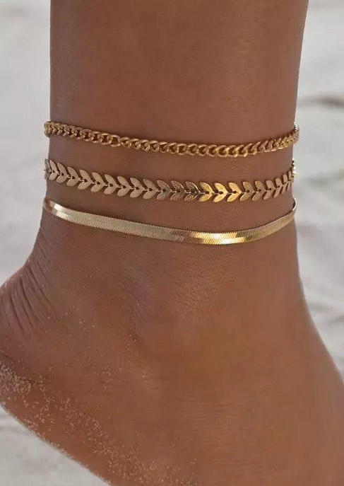 

3Pcs Bohemian Wheat Leaf Alloy Anklet Set, Gold, 502201