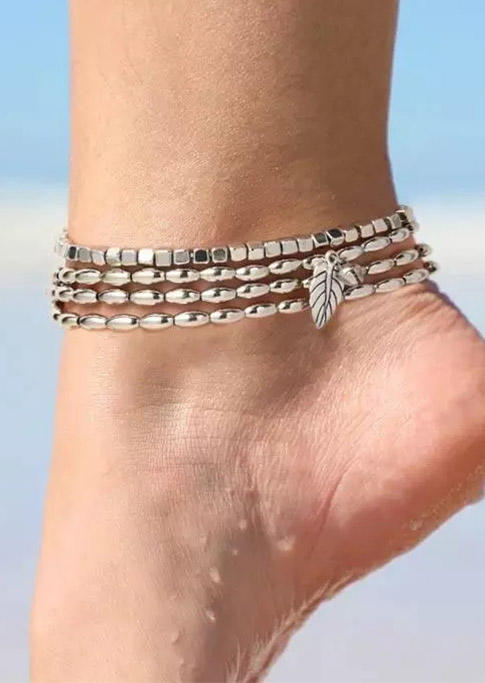 

2Pcs Fashion Bohemian Style Leaf Alloy Anklet Set, Silver, 502216
