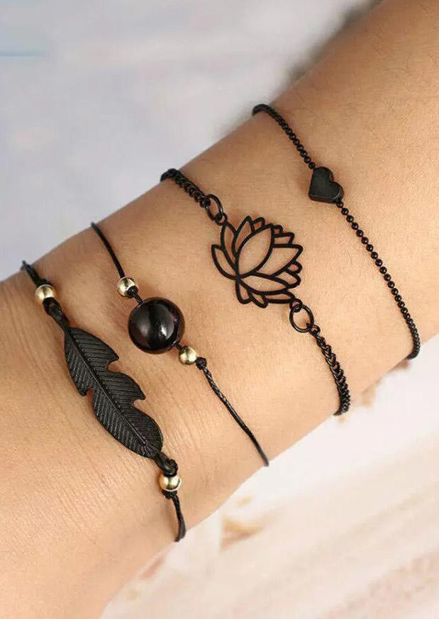 

4Pcs Feather Lotus Heart Anklet Set - Black, 502394