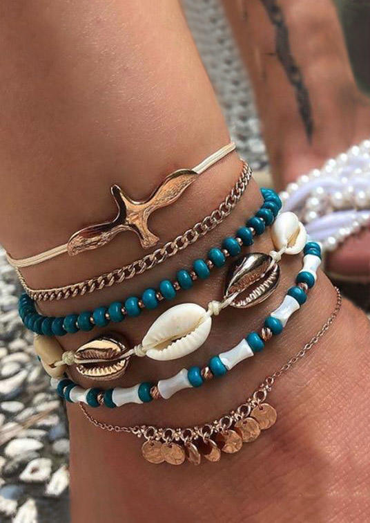 

6Pcs Bohemian Beading Shell Adjustable Anklet Set - Gold, 503902
