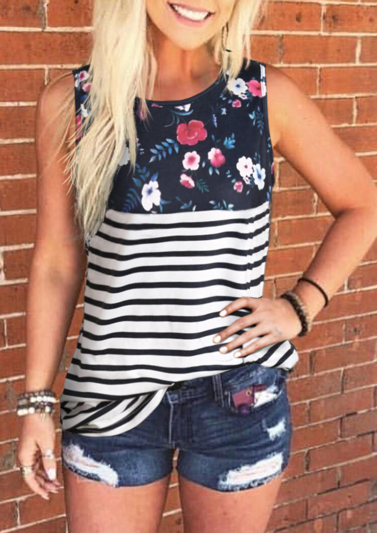 

Floral Striped Sleeveless Tank, Multicolor, 504857