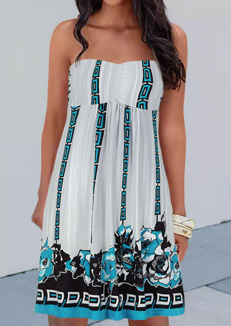 

Floral Geometric Ruffled Strapless Mini Dress - White, 505382