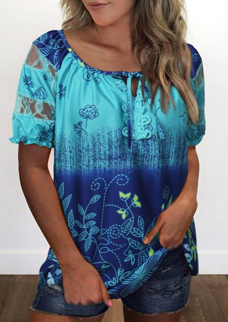 

Floral Gradient Lace Splicing Tie Ruffled Blouse, Multicolor, 505407