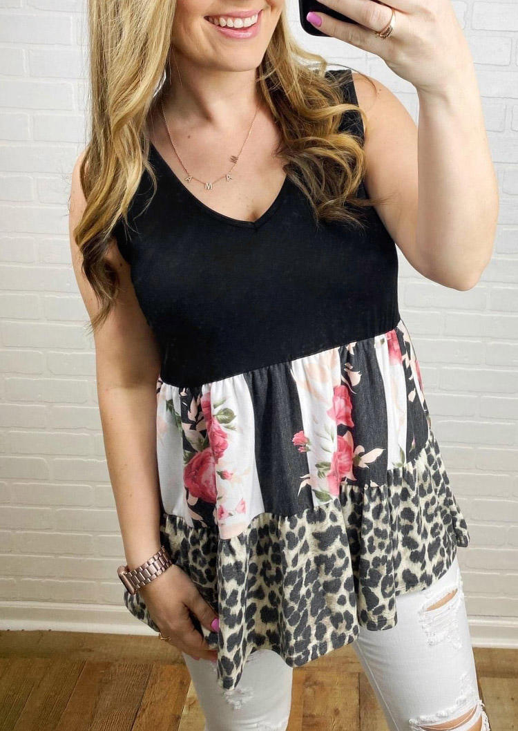 

Leopard Floral Striped Ruffled Sleeveless Tank, Multicolor, 505501