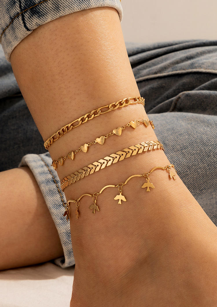 

4Pcs Heart Bird Wheat Anklet Set - Gold, 505572