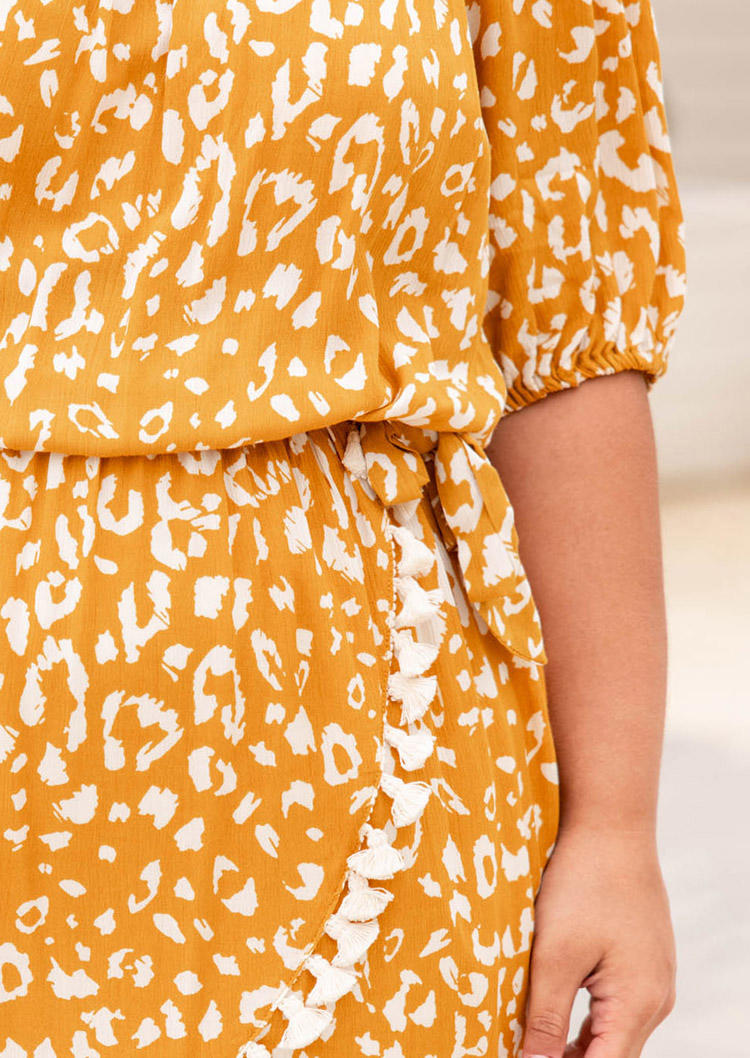 Plus Size Leopard Tassel Elastic Waist Mini Dress - Yellow