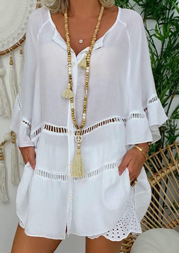 

Lace Hollow Out Button Flare Sleeve Blouse - White, 505672