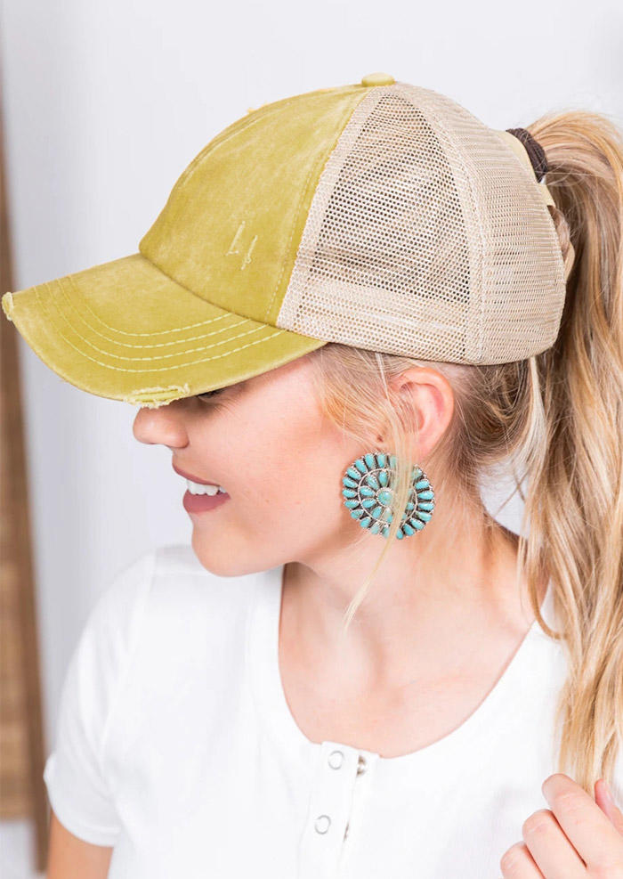 

Washed Distressed Mesh Criss-Cross Hollow Out Baseball Cap, Yellow, 477659