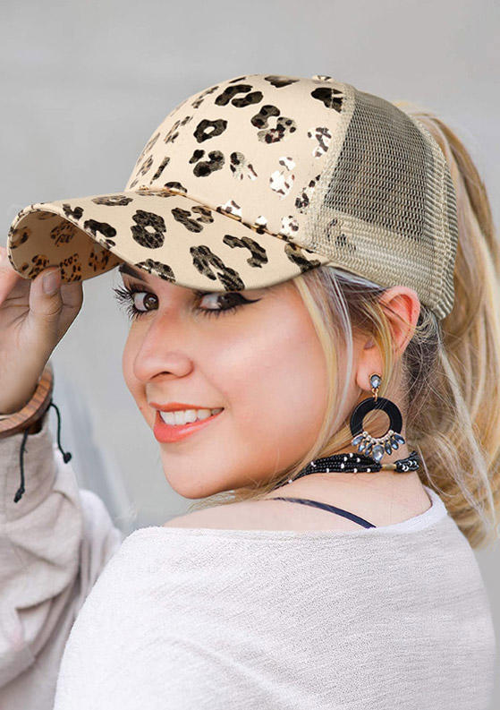 

Leopard Mesh Splicing Criss-Cross Baseball Cap, Apricot, 496169