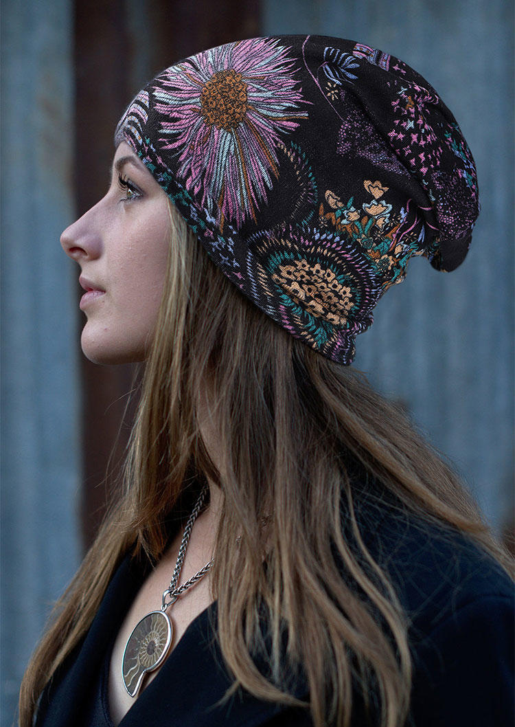 

Vintage Floral Wide Headband Beanie Hat, Black, 498045