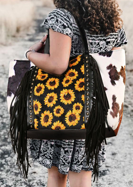 

Sunflower Cow Splicing Tassel Rivet Handbag, Multicolor, 499079
