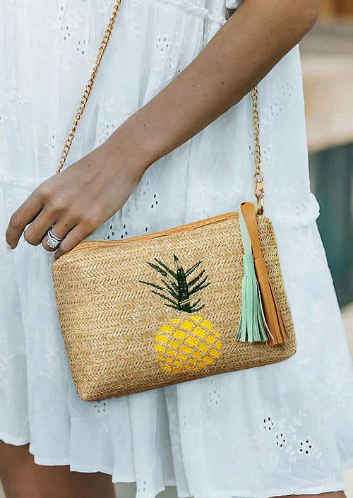 

Pineapple Tassel Straw Woven Crossbody Bag, Light khaki, 500382