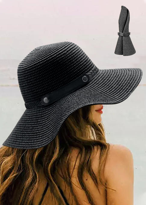 

Summer Sun Protection Rolled Up Straw Hat, Black, 501354