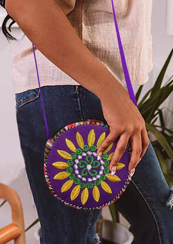 

Embroidered Sunflower Striped Round Canvas Crossbody Bag, Purple, 501898