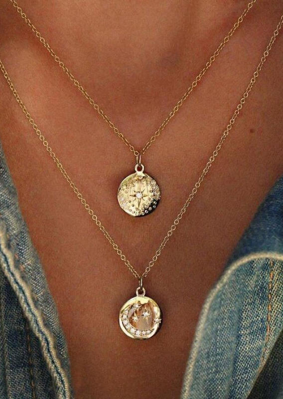

Sun And Moon Rhinestone Dual-Layered Necklace, Gold, 503879