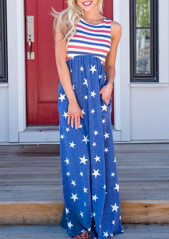 

Striped Star Pocket Ruffled O-Neck Maxi Dress - Blue, 504021