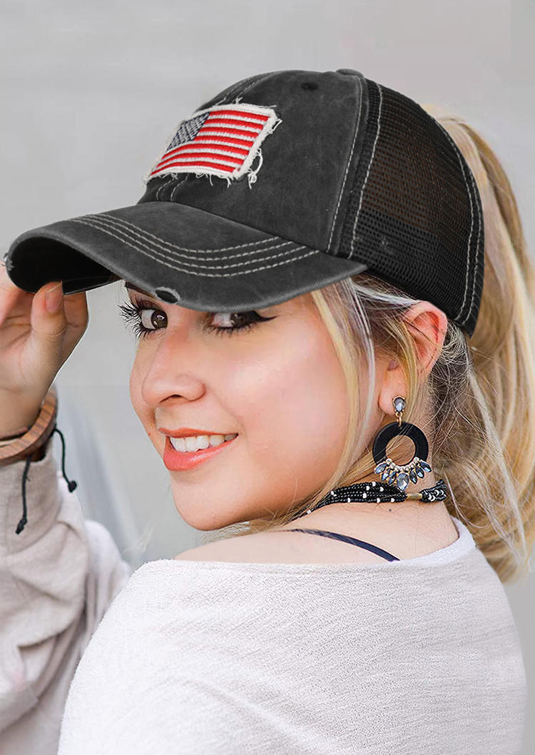 

American Flag Distressed Hollow Out Mesh Baseball Cap, Black, 504270