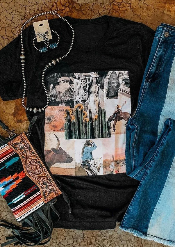 

Western Cowboy Cactus Sunflower T-Shirt Tee - Black, 505252