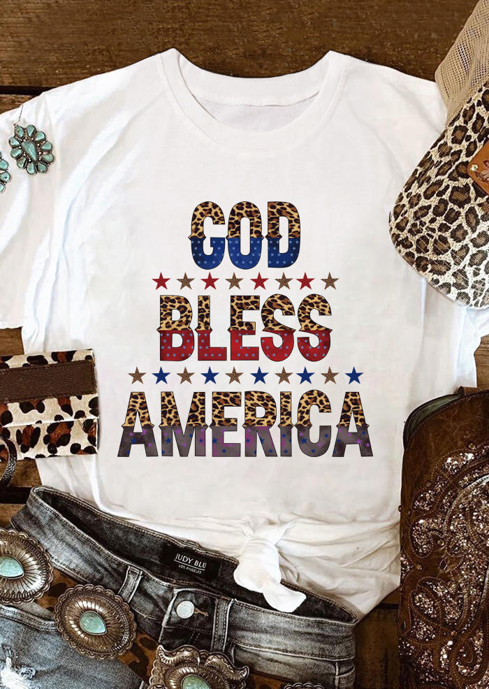 

God Bless America Leopard Star T-Shirt Tee - White, 505256