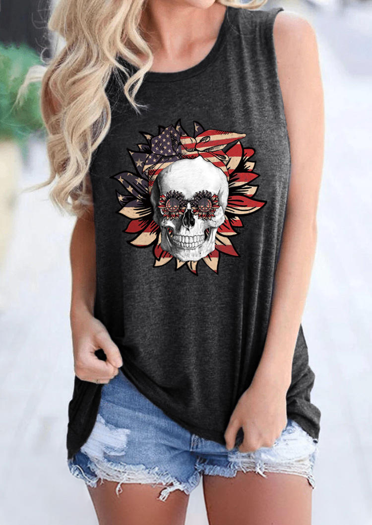 

American Flag Star Striped Sunflower Skull Tank - Dark Grey, 505266