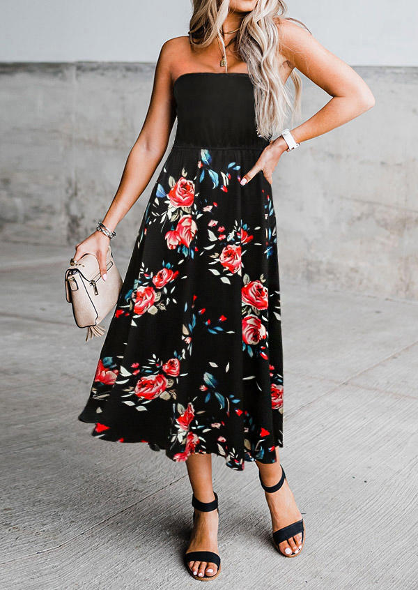 

Floral Ruffled Strapless Midi Dress, Multicolor, 505461