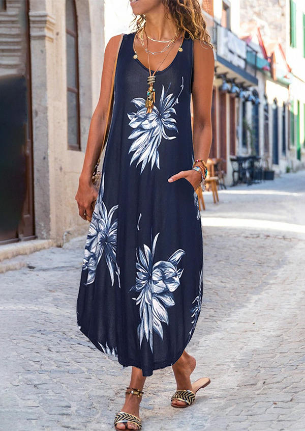 

Floral Pocket Sleeveless Maxi Dress - Navy Blue, 505480