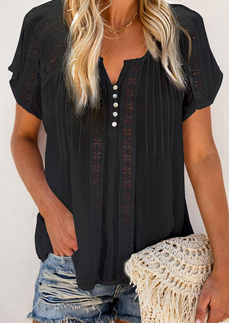 

Button Hollow Out Casual Blouse - Black, 505664