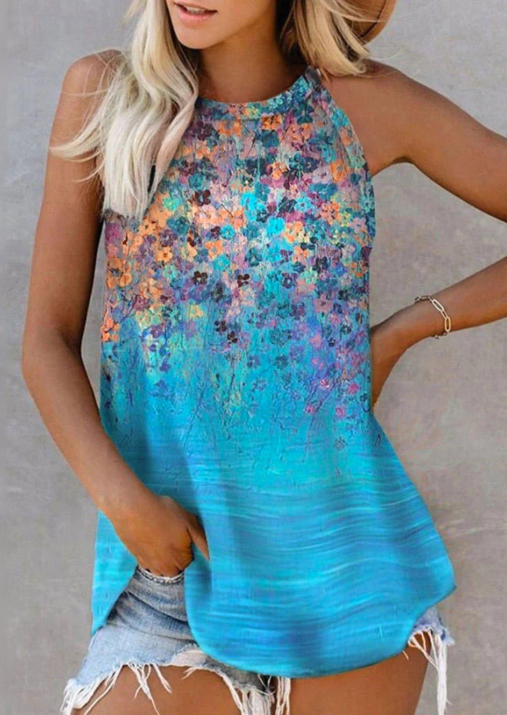 

Colorful Floral Oil Painting Halter Tank - Blue, 505670