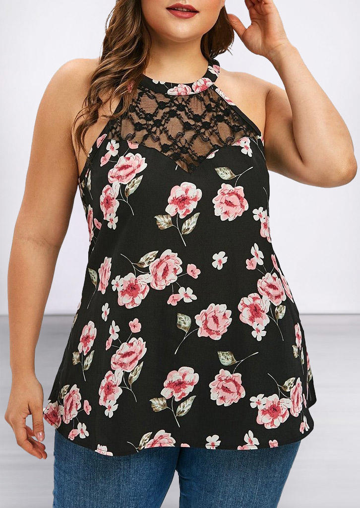 

Plus Size Floral Lace Halter Tank - Black, 505694