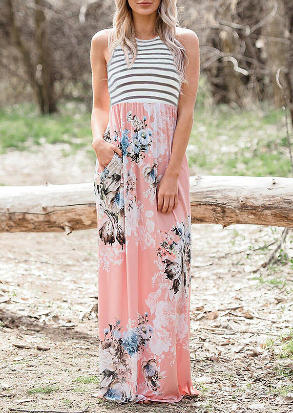 

Striped Floral Ruffled Pocket Sleeveless Maxi Dress, Multicolor, 505695