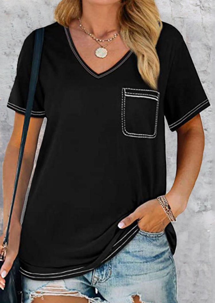 

Fake Pocket V-Neck Casual Blouse - Black, 505701