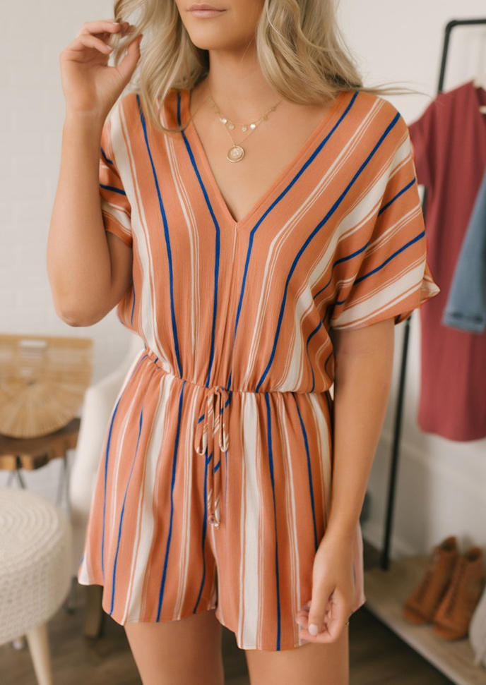 

Striped Elastic Waist Tie Short Sleeve V-Neck Romper, Stripe, 505733