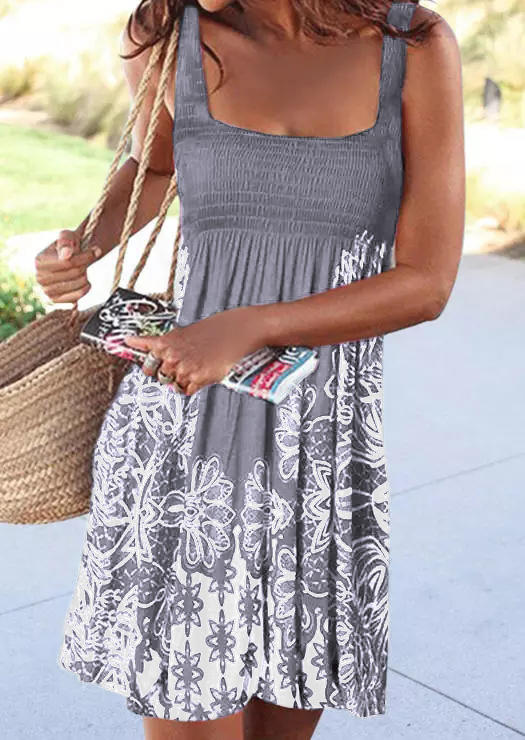 

Floral Smocked Waist Ruffled Mini Dress - Gray, 505743