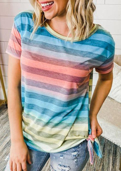 

Colorful Gradient Striped Tie O-Neck Blouse, Multicolor, 505744