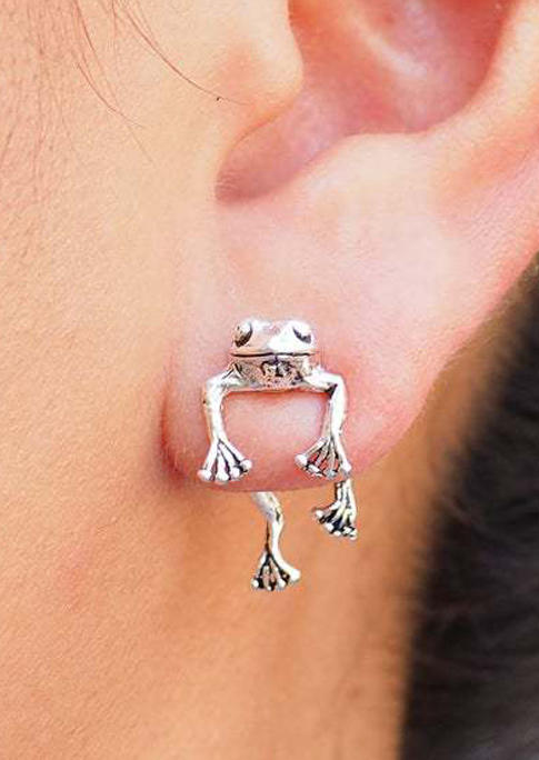 Vintage Frog Dangle Stud Earrings - Silver