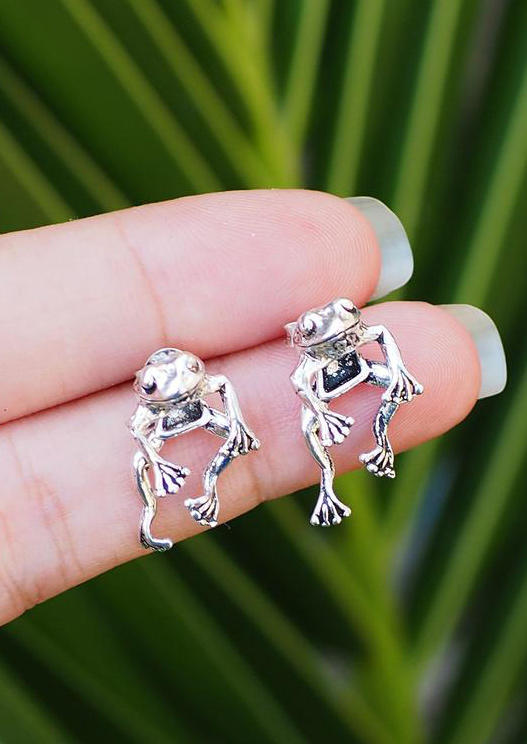 Vintage Frog Dangle Stud Earrings - Silver