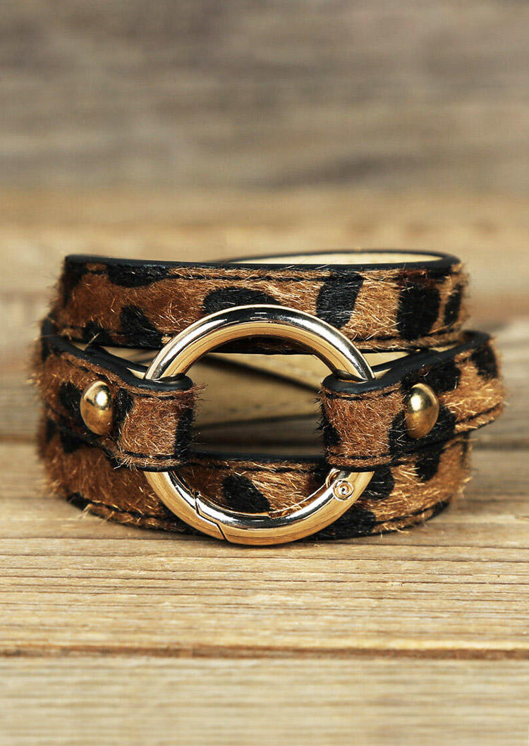 

Leopard Printed Adjustable Wide Leather Bracelet, Brown, 456286