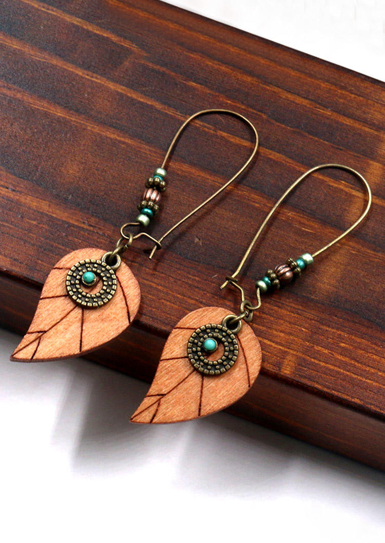 

Vintage Wooden Leaf Beading Earrings, Light brown, 458012