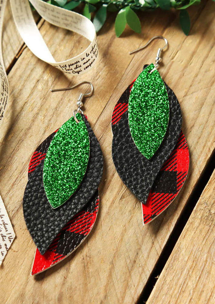

Three-Layered Sequined Plaid Leather Earrings, Green;red, 458609