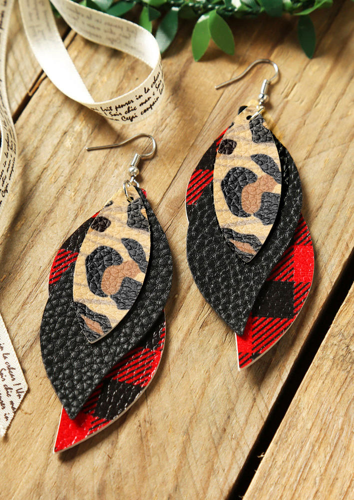 

Plaid Printed Leaf Multi-Layered Leather Earrings, Khaki, 458610