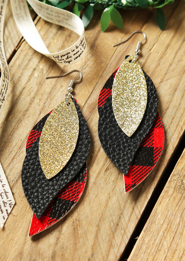 Plaid Printed Leaf Multi-Layered Leather Earrings