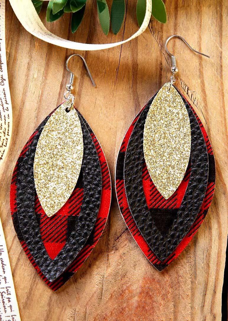 

Plaid Sequined Three-Layered Leather Earrings, Red, 459724