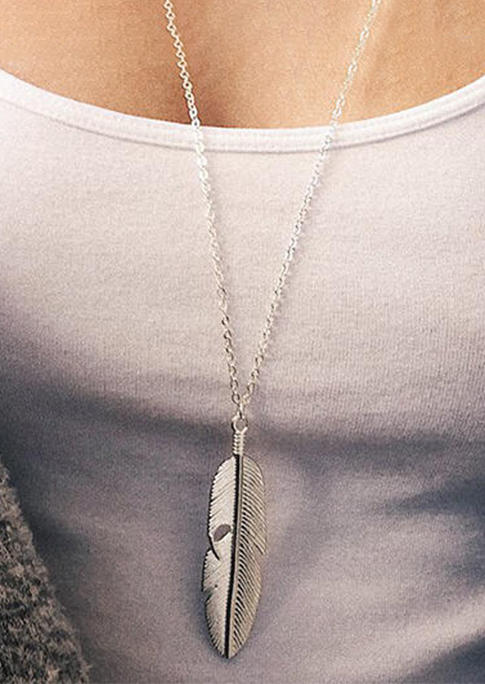 Solid Long Feather Pendant Sweater Chain Necklace