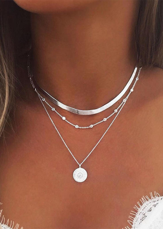 

Multi-Layered Alloy Lotus Pendant Necklace, Silver, 474935