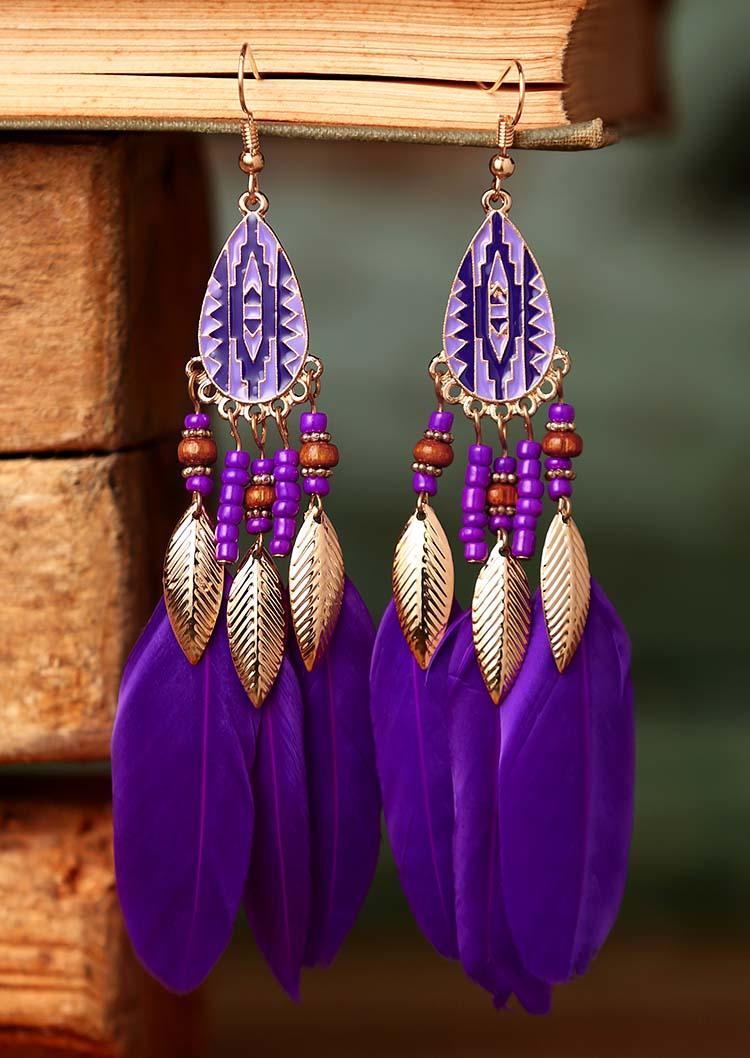 

Vintage Bohemian Beading Feather Tassel Earrings, Purple, 487122