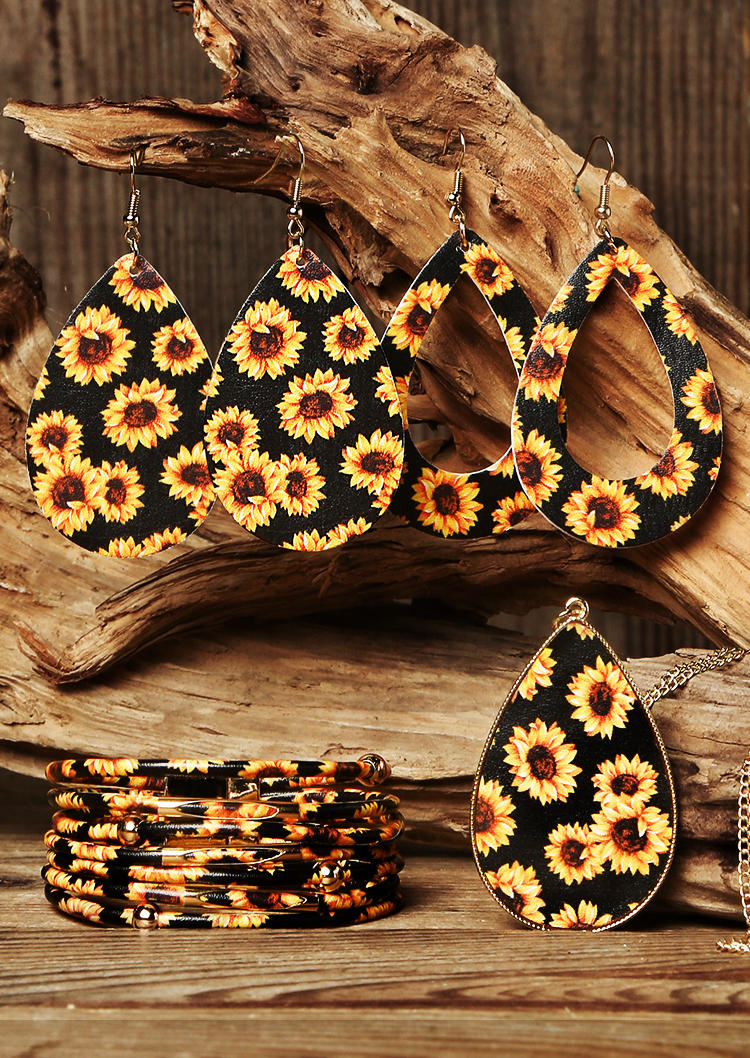

6Pcs Sunflower Hollow Out Earrings Multil-Layered Bracelet And Necklace Set, Yellow, 487861
