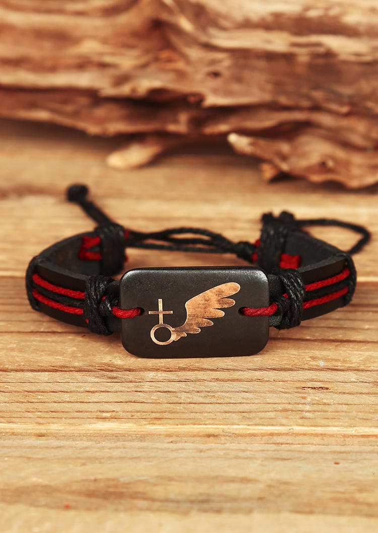 

Vintage Wing Faux Leather Braided Bracelet, Red;beige, 491373