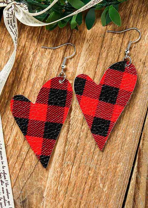 Buffalo Plaid Heart Leather Earrings - Red