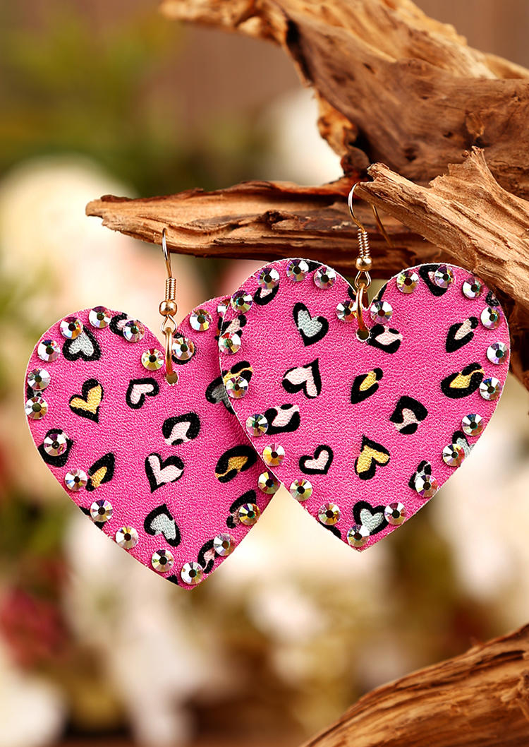 

Leopard Heart Rhinestone Dual-Sided Earrings, Rose red, 493947